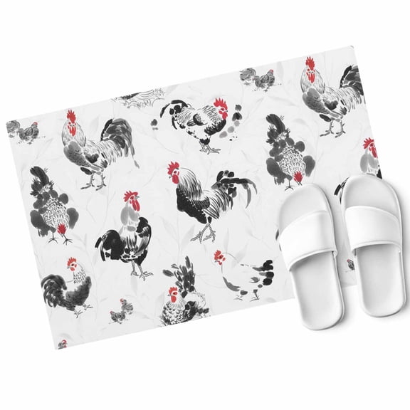 Rooster Hen Door Mat Watercolor Farm Animal Rustic Black Country Non Slip Absorbent Entrance Mat Washable Low Profile Indoor Doormat for Front Door Entryway Entry 16"x24"