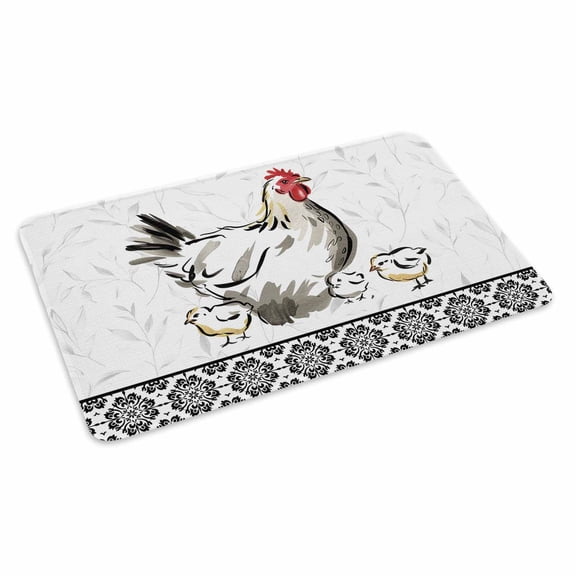 Rooster Hen Doormat Chicken Farm Animal Rustic Black Floral Non Slip Low Profile Rubber Door Mat Washable Absorbent Indoor Front Door Mat Entryway Rug Entrance Carpet 16x24 Inch