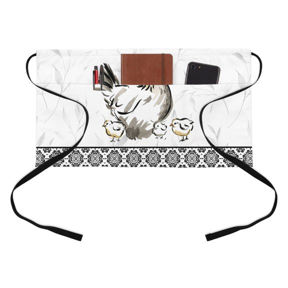 Rooster Hen Half Waist Apron Chicken Farm Animal Rustic Black Floral Short Waiter Aprons with 3 Pockets for Women Men Kitchen Restaurant Cooking
