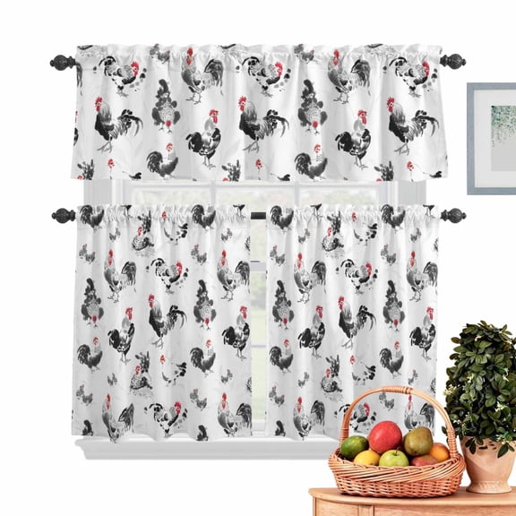 Rooster Hen Kitchen Curtains Valances 3 Piece Set, Watercolor Farm Animal Rustic Black Country Rod Pocket Tier Curtain and Valance Drapes for Small Window 36 Inch Length for Bedroom Cafe