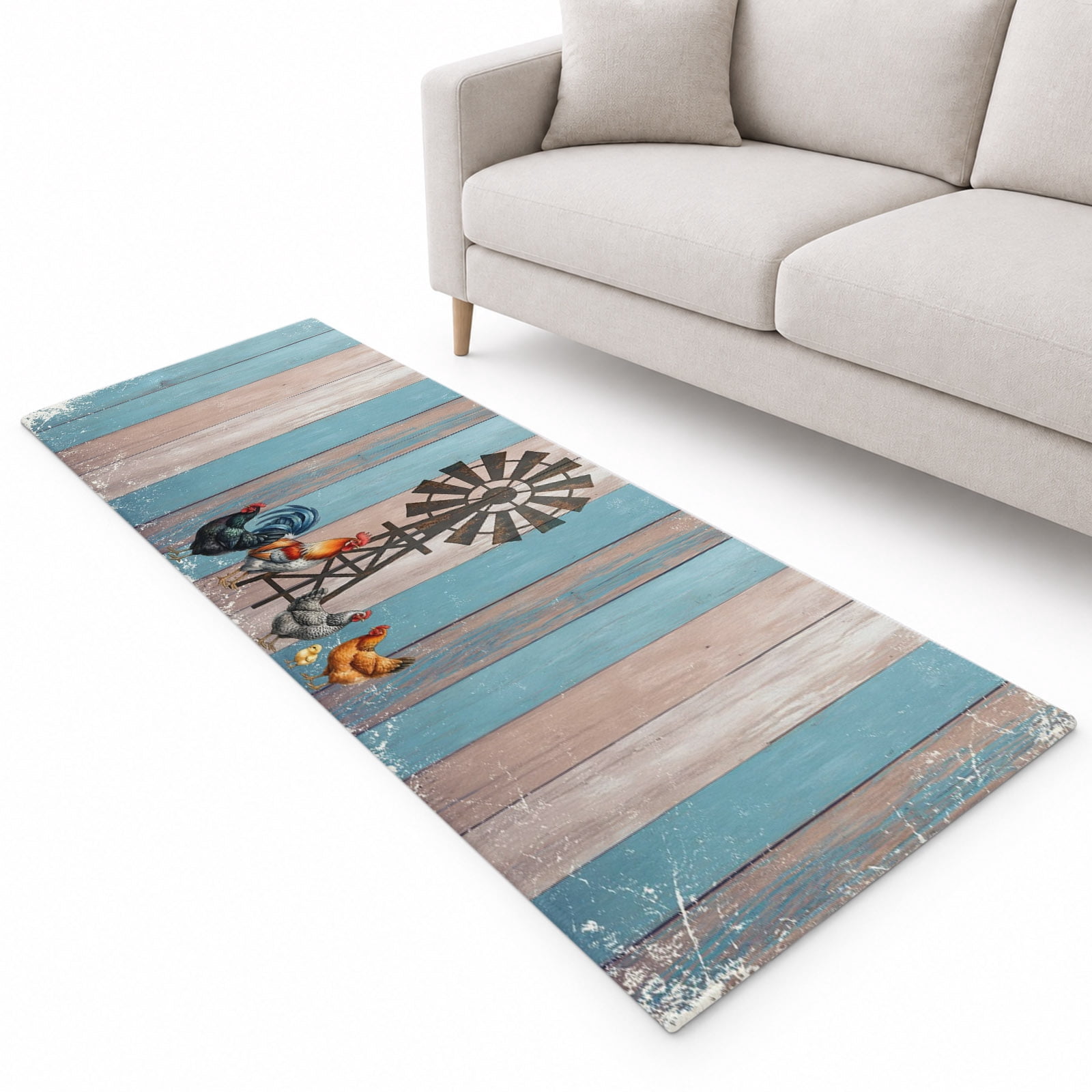 Rooster Hen Runner Rug 2'x6', Rustic Windmill Farmhouse Wood Striped ...