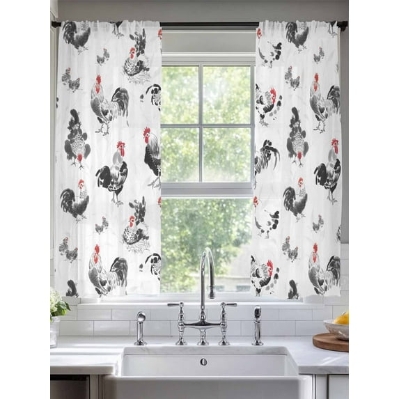Rooster Hen Sheer Curtains 72 Inches Long 2 Panels Watercolor Farm Animal Rustic Black Country Light Filtering Semi Sheer Window Curtains Drapes for Bedroom Living Room 52"x72"