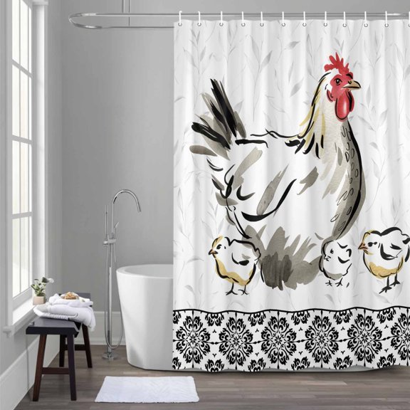 Rooster Hen Shower Curtain for Bathroom Decor, Chicken Farm Animal Rustic Black Floral Waterproof Fabric Shower Curtain, 36"x72" Set with 12 Hooks