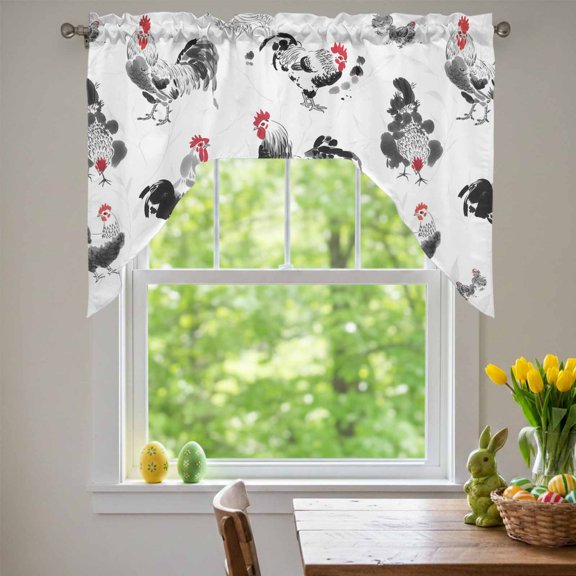 Rooster Hen Swag Valances for Kitchen Window, Watercolor Farm Animal Rustic Black Country Small Swag Valances Rod Pocket Curtain Drapes Window Treatment for Bedroom Bathroom, 56x36 Inch