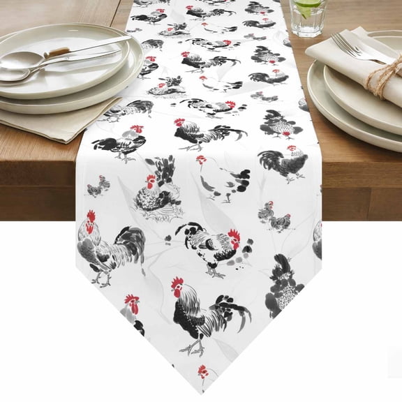 Rooster Hen Table Runner 48 Inches Long Watercolor Farm Animal Rustic Black Country Table Runners for Dining Room Tabletop Dresser Scarf Home Party Banquet Wedding Holiday Decoration