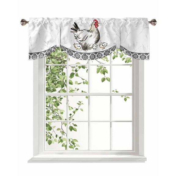 Rooster Hen Tie Up Valances Curtain, Adjustable Kitchen Chicken Farm Animal Rustic Black Floral Valances for Windows Decor, Rod Pocket Short Curtains Set for Bedroom/Bathroom, 60"x18"