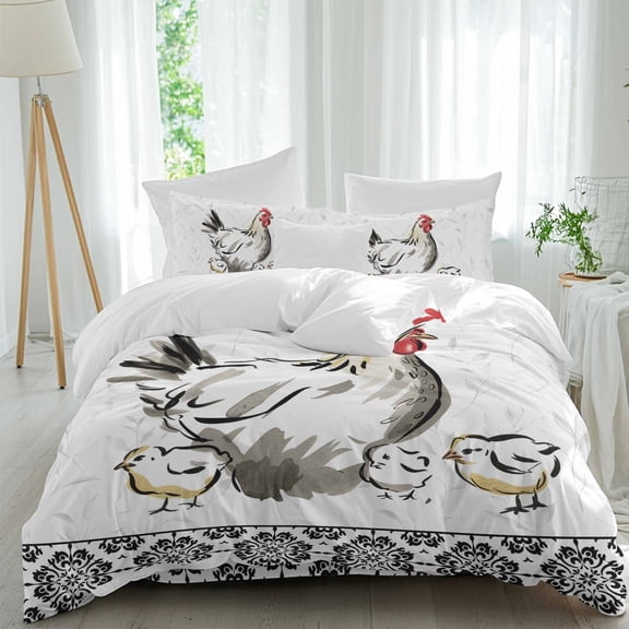 Rooster Hen Twin Size Comforter Set, Chicken Farm Animal Rustic Black Floral Bedding for All Seasons, 4 Pcs Bed Set, 1 Quiltcover (68"x86") ,1Sheet(67"x116"), 2Pillowcases (30"x20")