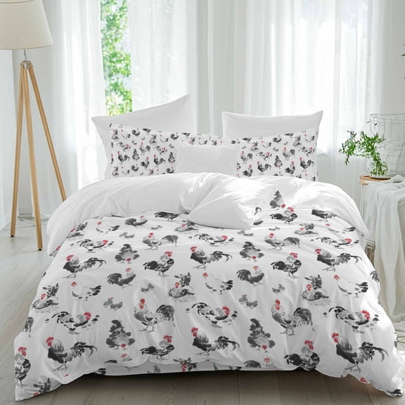 Rooster Hen Twin Size Comforter Set, Watercolor Chicken Farm Animal Black Bedding for All Seasons, 4 Pcs Bed Set, 1 Quiltcover (68"x86") ,1Sheet(67"x116"), 2Pillowcases (30"x20")