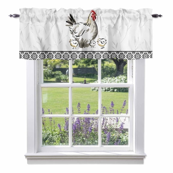 Rooster Hen Valances for Windows, Chicken Farm Animal Rustic Black Floral Valance Window Treatment Rod Pocket Short Curtains Valances for Kitchen Bathroom 54"W x 18"L