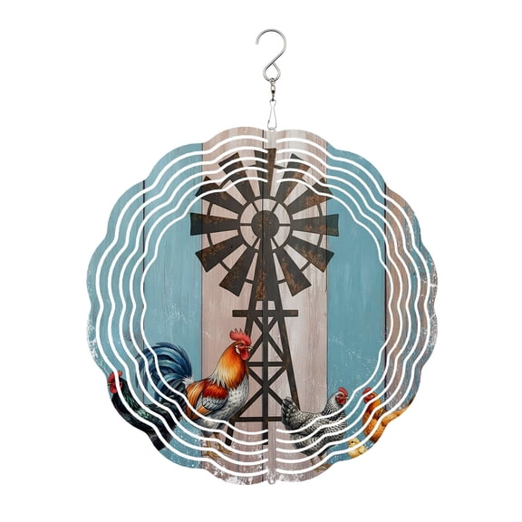 Rooster Hen Wind Spinner for Garden Yard 8In, Rustic Windmill Farmhouse Animal Wood Striped Country 3D Stainless Steel Kinetic Hanging Wind Spinners Rustproof Outdoor Decor for Lawn Patio Home