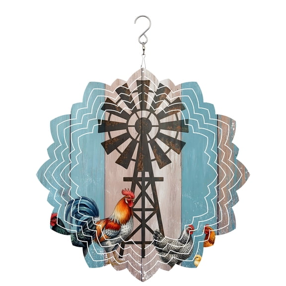 Rooster Hen Wind Spinner for Garden Yard 8In, Rustic Windmill Farmhouse Animal Wood Striped Country 3D Stainless Steel Kinetic Hanging Wind Spinners Rustproof Outdoor Decor for Lawn Patio Home