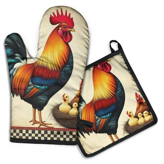 Rooster Hen and Chicks Kitchen Oven Mitt and Pot Holder Sets 2 Pcs for Baking, Cooking and Grilling, Heat Resistant Up To 392 °F