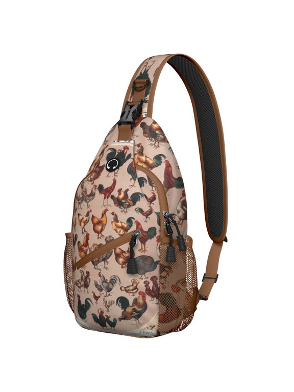 Rooster Hen and Egg Print Sling Backpack, Funny Farmhouse Chicken Pattern Lightweight Crossbody Bag for Travel and Hiking Use
