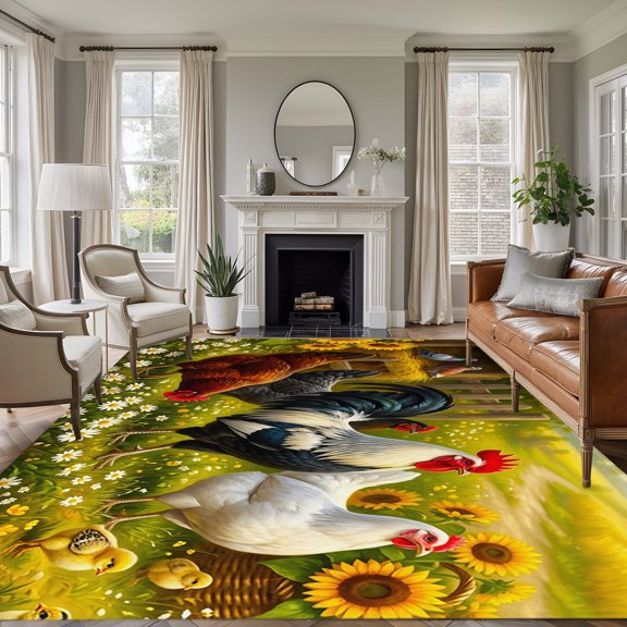 Rooster Hens Animal 5'x7' Rug for Living Room Sofa and Coffee Table Layout, Rustic Farmhouse Flowers Country Farm Washable Non Slip Rectangle Area Rug