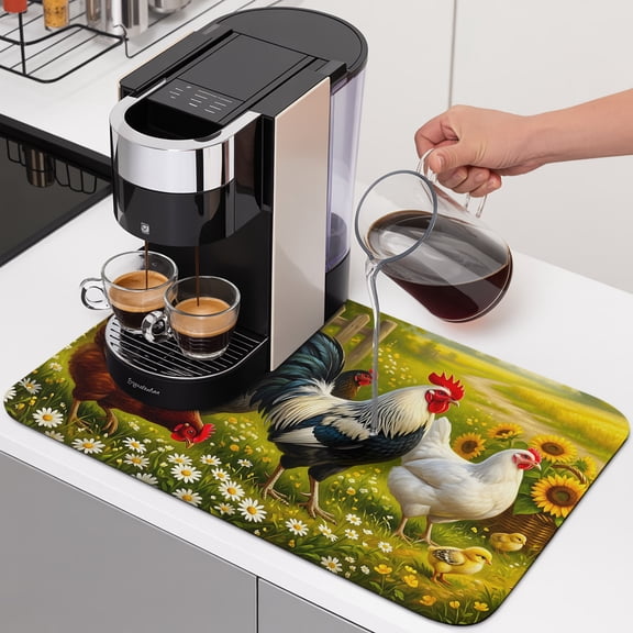 Rooster Hens Animal Dish Drying Mats for Kitchen Counter, Rustic Farmhouse Flowers Country Farm Absorbent Coffee Bar Mat with Non-slip Rubber Backed Quick Drying Dish Rack Pad 12"x16"