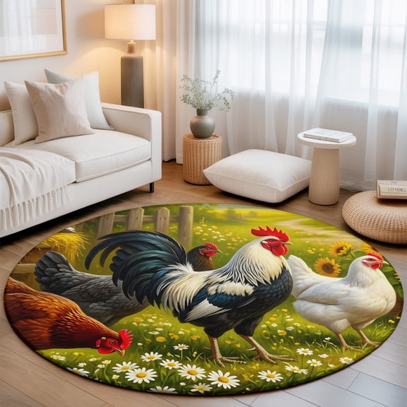 Rooster Hens Animal Washable Round Area Rug 8 ft, Rustic Farmhouse Flowers Country Farm Soft Non Slip Rugs Stain Repellent Indoor Felt Carpet for Living Dining Room Bedroom Home Office