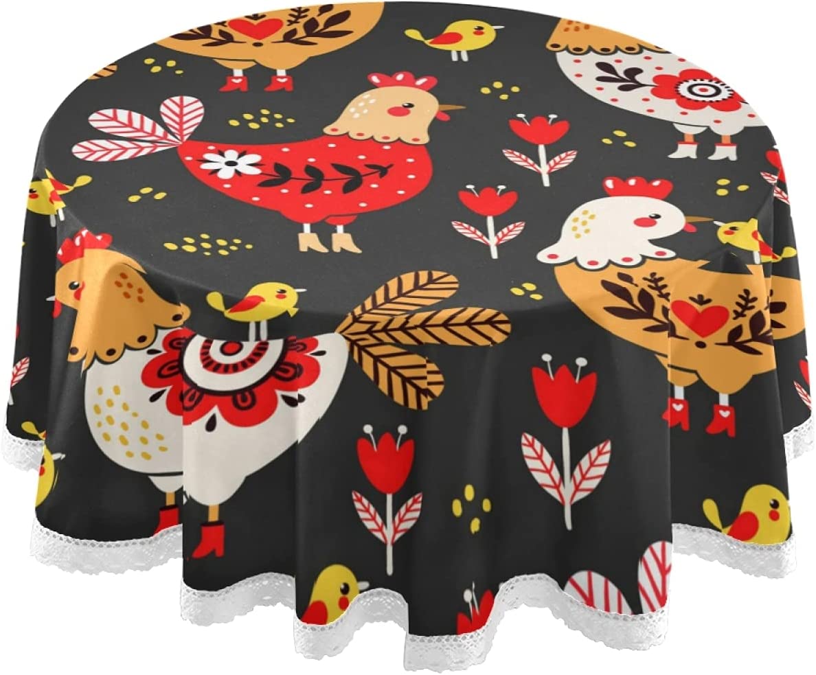 Rooster Hens Flowers Tablecloth Farmhouse Chickens Cock Floral Round