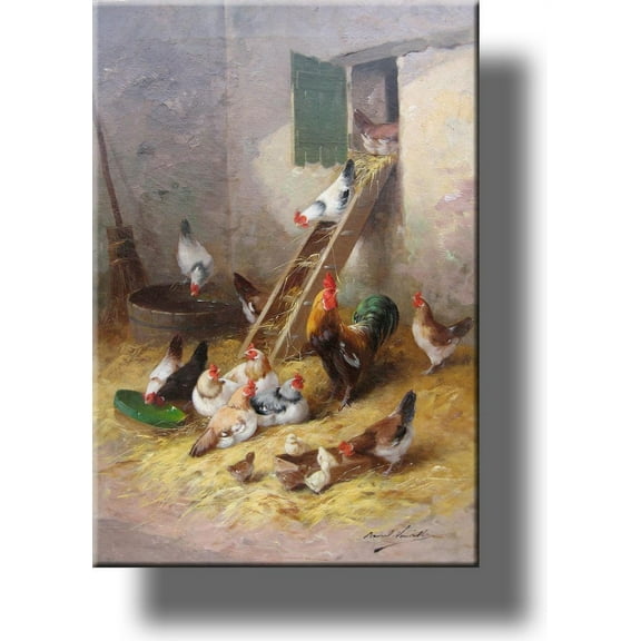 Rooster, Hens, and Little Chicks in Chicken Coop by Neuville, Picture on Stretched Canvas Wall Art Dcor, Ready to Hang!