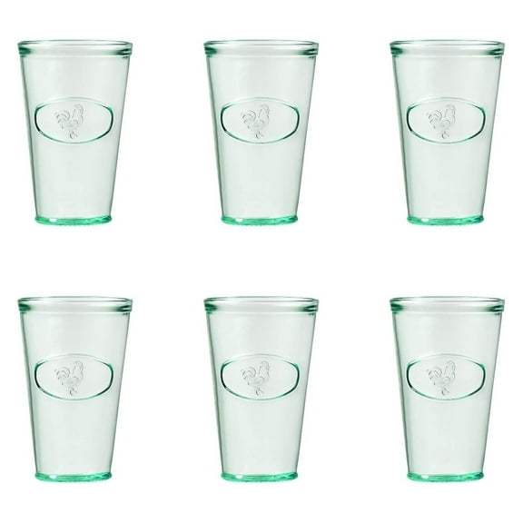 Rooster Hiball Glass | 16 Oz | Italian Made, Recycled Glass with Green Tint | Drinking Glass with Embossed Design for Water, Juice, Cocktails (Set of 6)