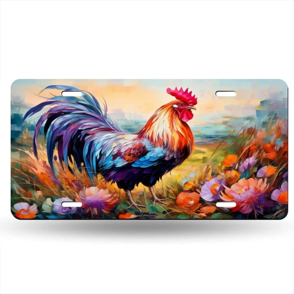 Rooster In The Field With Colorful Flowers Decorative Signboard, Decorative Metal Plate with 4 Holes, 6x12inch Artistic Plate Frame