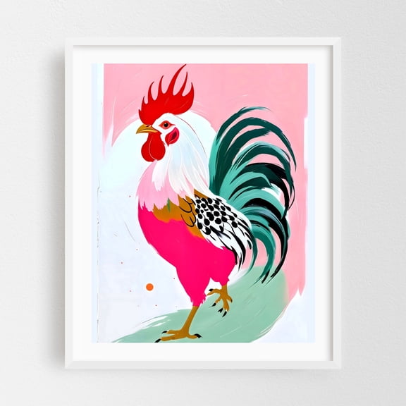 Rooster - India Illustration Animal Modern Art Pop Art Bird Abstract Whimsical White Framed Wall Art Print 8 x 10 inches