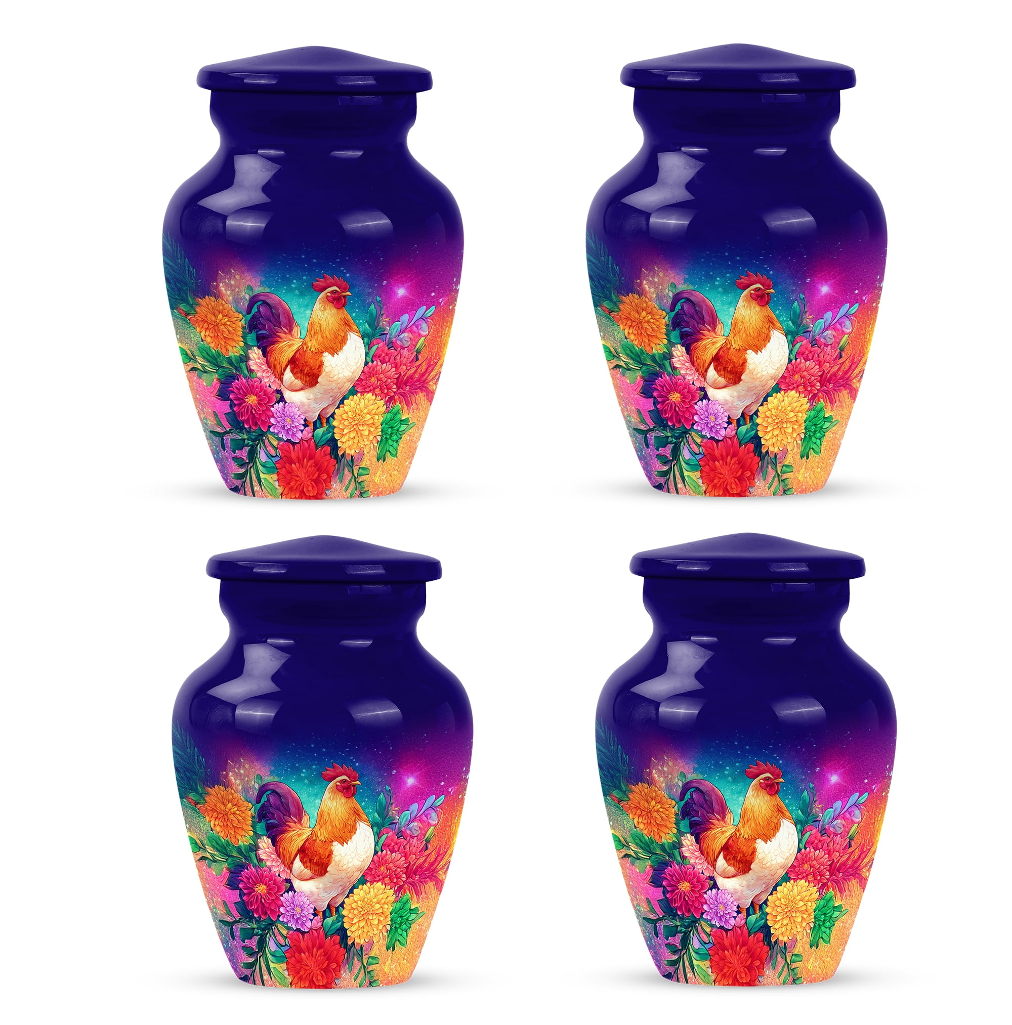 Rooster Keepsake Urns, Small Cremation Urns For Ashes Adult Male, Floral Rooster Mini Cremation Urn Floral Nature Ash Keepsake, Vibrant Tribute Mini Urn For Ashes , Size 3 Inch Pack Of 4