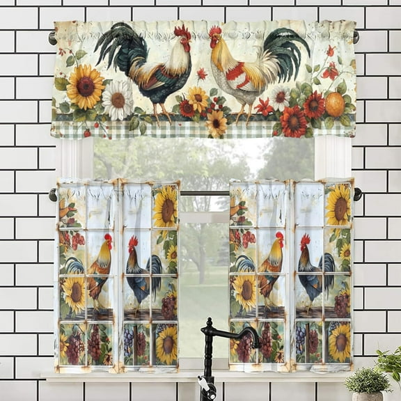 Rooster, Kitchen Curtain and Valances Rustic Farm Sunflower Chicken Valance Curtain for Living Room Bedroom, 54x18inch 55x24inch
