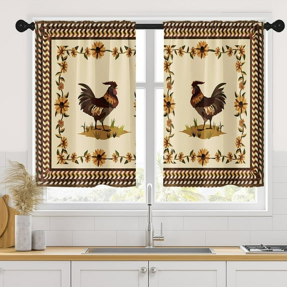 Rooster Kitchen Curtains 36 Inch Length Farmhouse Floral Window Curtains Over Sink Set of 2, Chicken Short Tier Curtain for Kitchen, Vintage Small Kitchen Decor