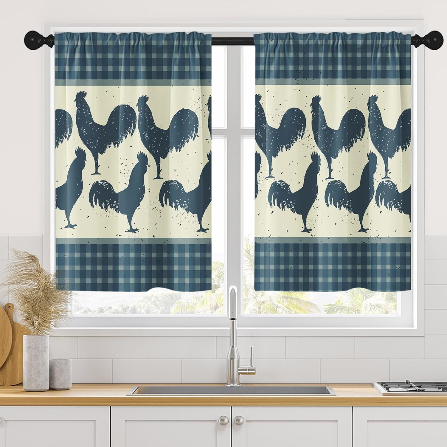 Rooster Kitchen Curtains 36 Inch Length Farmhouse Grid Window Curtains ...