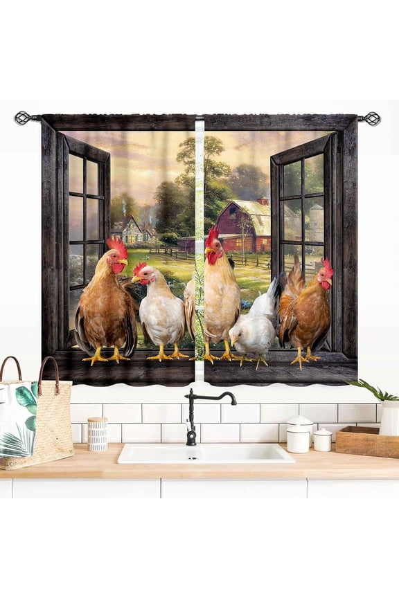 Rooster Kitchen Curtains, Farmhouse Country Farm Animal Rural Rustic Chicken Pattern Printed Blackout Small Short Window Drapery Treatments for Bedroom Living Room Dining Room 2 Panels,28x40in