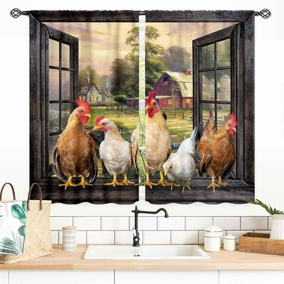 Rooster Kitchen Curtains, Farmhouse Country Farm Animal Rural Rustic Chicken Pattern Printed Blackout Small Short Window Drapery Treatments for Bedroom Living Room Dining Room 2 Panels,28x40in