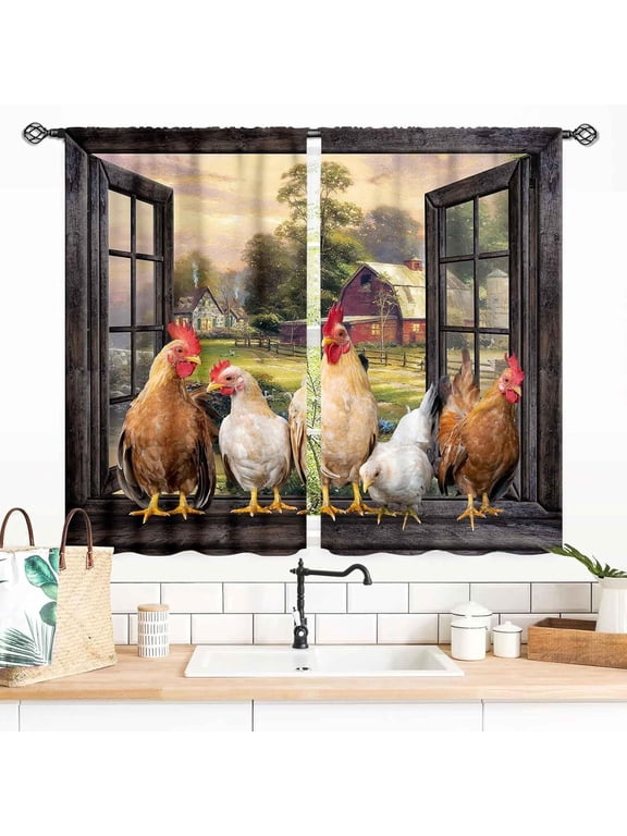 Rooster Kitchen Curtains, Farmhouse Country Farm Animal Rural Rustic Chicken Pattern Printed Blackout Small Short Window Drapery Treatments for Bedroom Living Room Dining Room 2 Panels,28x40in