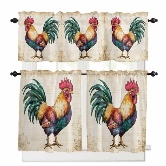 Rooster Kitchen Curtains Valances and Tiers Set of 3, Rustic Animal 24 Inch Length Tier Curtains and Valance Rod Pocket Valance Curtains Set for Kitchen Bathroom Small Windows
