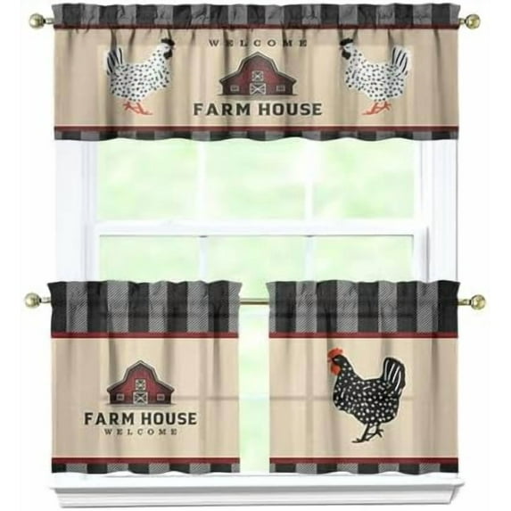 Rooster Kitchen Curtains Valances and Tiers Set for Windows,Chicken Vintage Bathroom Window Curtain Valance 3 Piece Sets,Kitchen Decor for Living Room,54"x 24"