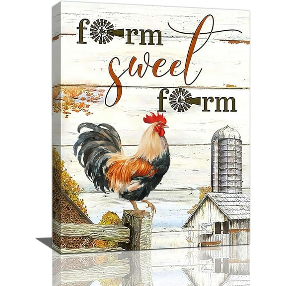 Rooster Kitchen Decor Wall Art Farmhouse Chicken Canvas Picture Prints Painting Country Cock Old Barn Farm Sweet Farm Sign Artwork Home Decoration for Living Room Bathroom Bedroom 12"x16"