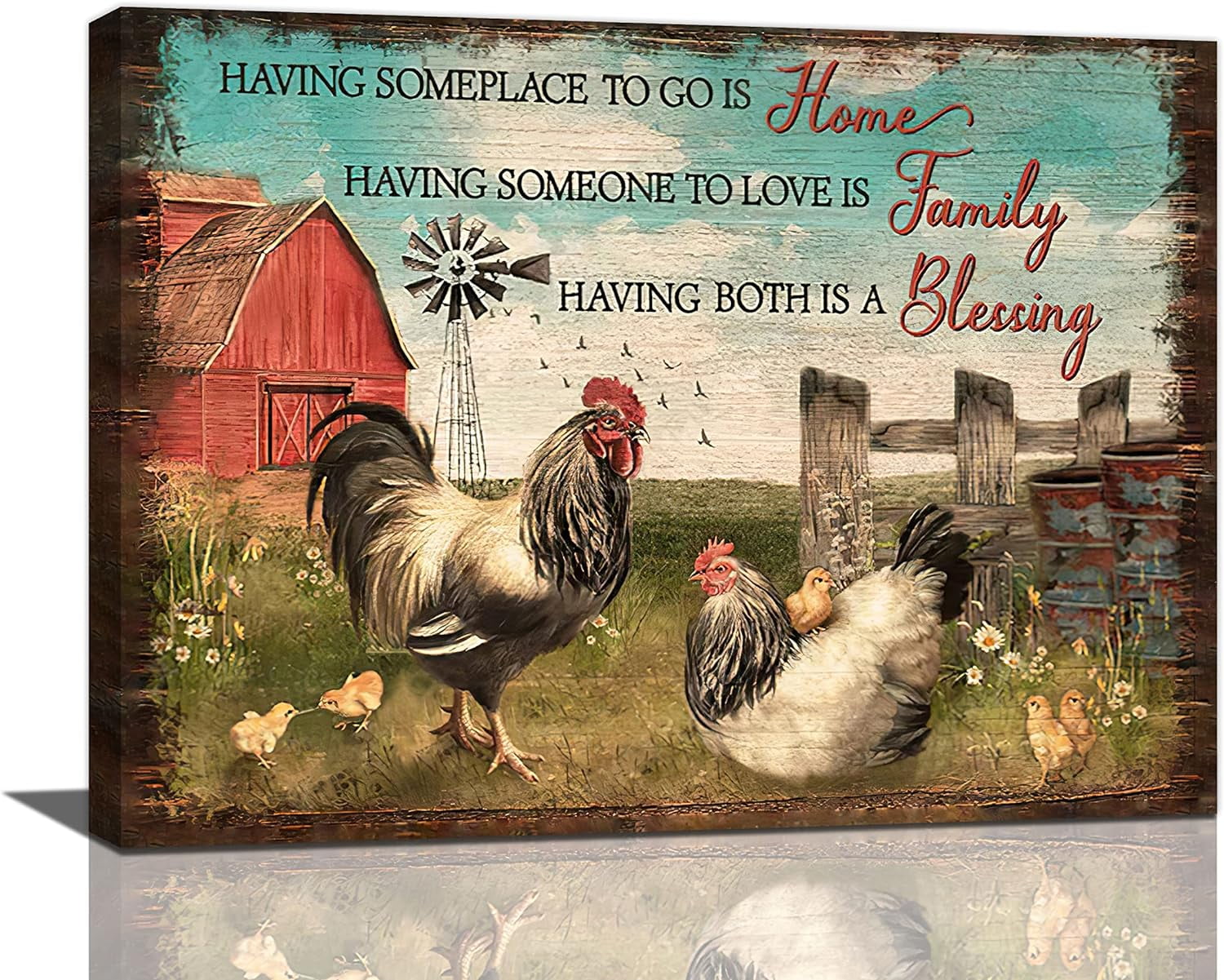 Rooster Kitchen Decor Wall Art Rustic Farmhouse Chicken Pictures Wall Decor Country Inspirational Quotes Canvas Prints Framed Painting Artwork Home Decorations For Dinning Room Bathroom 16"x12"