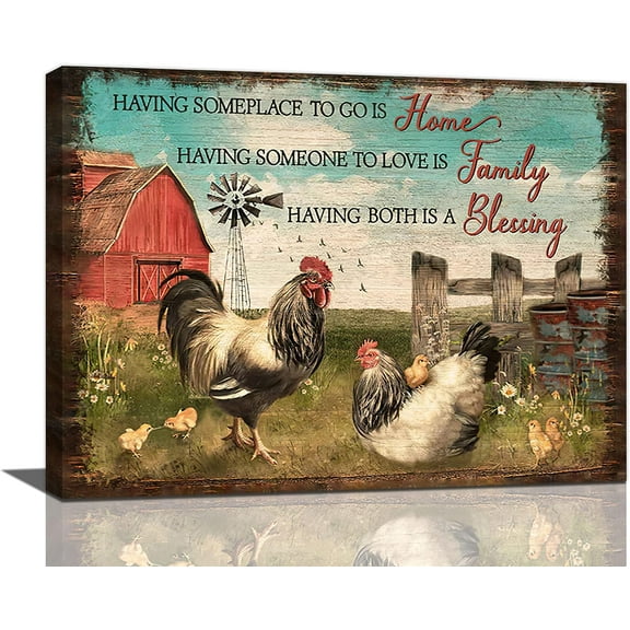 Rooster Kitchen Decor Wall Art Rustic Farmhouse Chicken Pictures Wall Decor Country Inspirational Quotes Canvas Prints Framed Painting Artwork Home Decorations For Dinning Room Bathroom 16"x12"