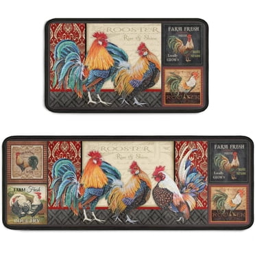 Country Rooster Design Antibacterial Door Mat – Washable, Non-Skid, 18"x30", Beige