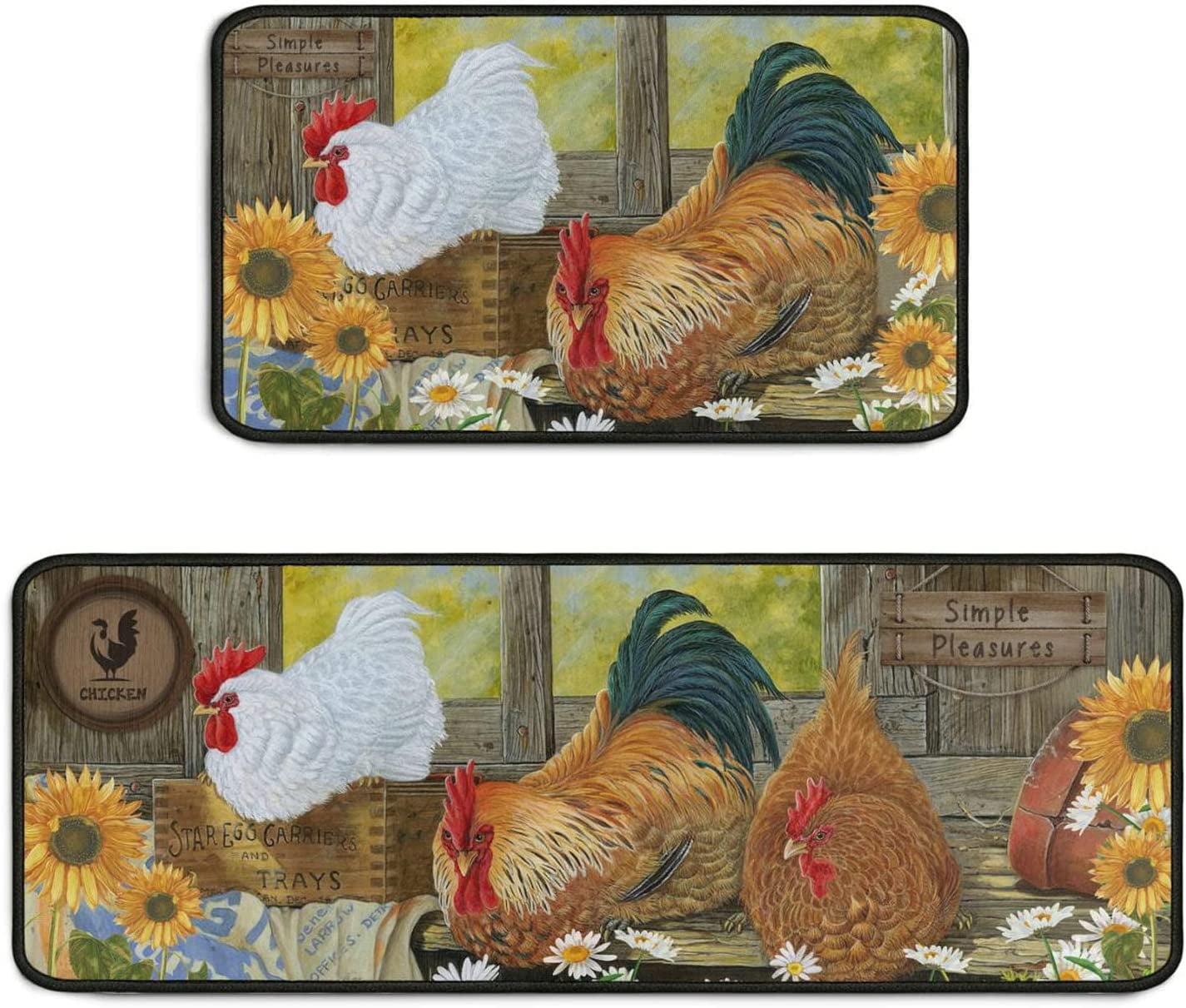 Rooster Kitchen Rug 2 Piece Set, Farmhouse Chicken Kitchen Mat, Home Decor Kitchen Sink Rugs and