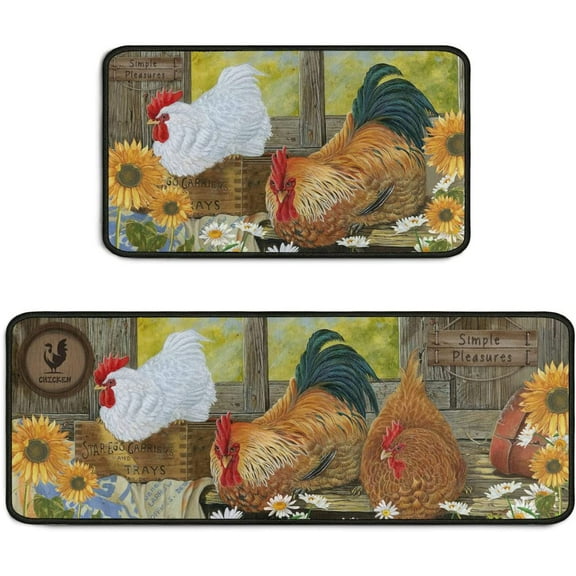 Rooster Kitchen Rug 2 Piece Set, Farmhouse Chicken Kitchen Mat, Home Decor Kitchen Sink Rugs and Mats Non Skid Washable Absorbent Microfiber Kitchen Floor Carpet 17" x 47"+17" x 30"
