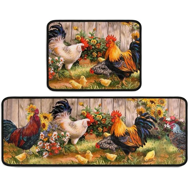 Rooster Kitchen Rug 2 Piece Set Sunflower Decor Kitchen Floor Mat, Microfiber Washable Runner