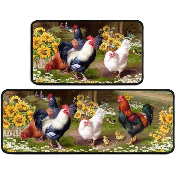 Rooster Kitchen Rug 2 Piece Set Sunflower Decor Kitchen Floor Mat, Microfiber Washable Runner Rugs, Farmhouse Chicken Decorations Kitchen Mats,17"x47"+17"x30"