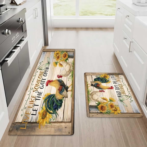 Rooster Kitchen Rug and Carpet Set, 2 Flannel Non-Slip Carpet, Soft Comfortable Floor mat, Washable Kitchen, Hallway, Office, Sink, Laundry Room 17" x 59"+17" x 30"