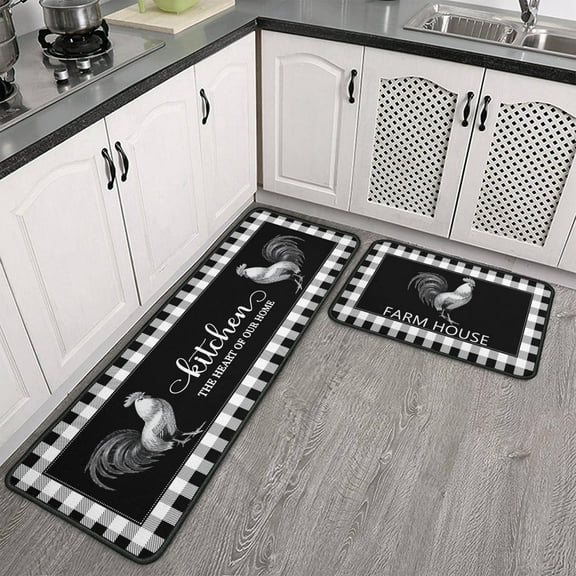 Rooster Kitchen Rug Decor 2 Pieces Set Farmhouse Decor Decorative Kitchen Mat Washable Runner Rugs 17" x 47" + 17" x 29"
