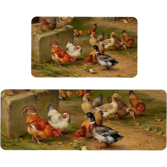 Rooster Kitchen Rug Decor 2 Pieces Set Farmhouse Decor Decorative Kitchen Mat Washable Runner Rugs 17" x 47" + 17" x 29"