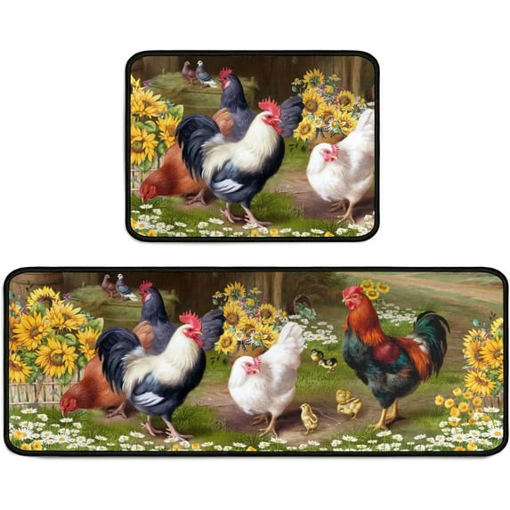 Rooster Kitchen Rug Decor 2 Pieces Set Farmhouse Style Kitchen Mat Washable Runner Rug Chicken Sunflower Decoration Indoor Floor Mat 17" x 47" + 17" x 30"