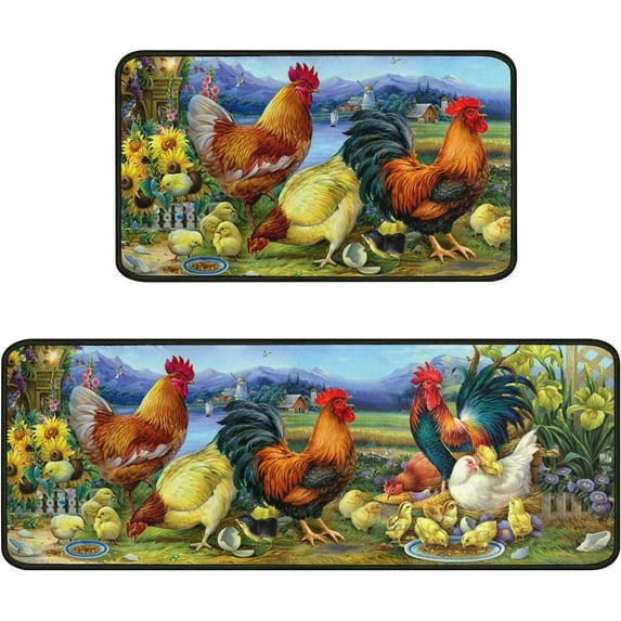 Rooster Kitchen Rug Decor 2 Pieces Set Farmhouse Style Kitchen Mat Washable Runner Rug Chicken Sunflower Decoration Indoor Floor Mat 17" x 47" + 17" x 30"