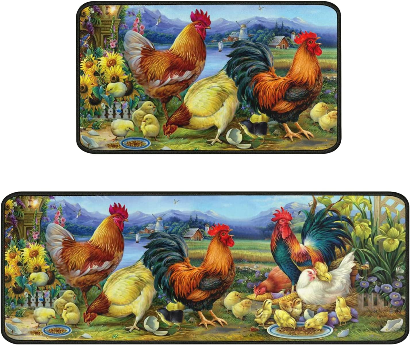 Rooster Kitchen Rug Decor 2 Pieces Set Farmhouse Style Kitchen Mat