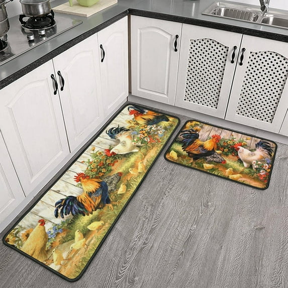 Rooster Kitchen Rug, Farmhouse Kitchen Rugs and Mats Set of 2, Kitchen Sets Low-Profile Washable Floor Mat for Home Kitchen Decor - 17x29 and 17x47 Inch