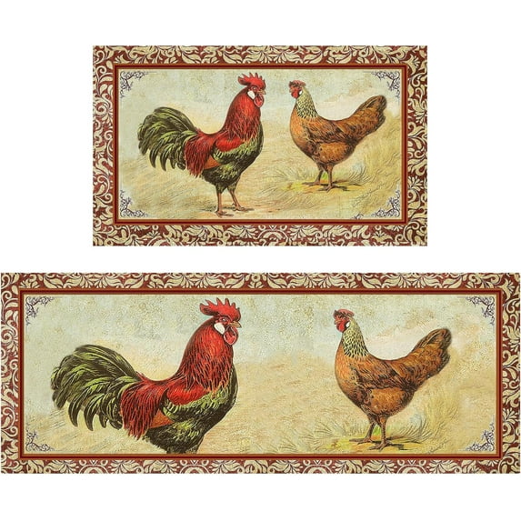 Rooster Kitchen Rug, Kitchen Mat Set of 2, Farmhouse Decor for The Kitchen Mats Cushioned Anti Fatigue 2 Piece Set and Chicken Kitchen Mat for Home Kitchen Decor or Office 17"x30"+17"x47"